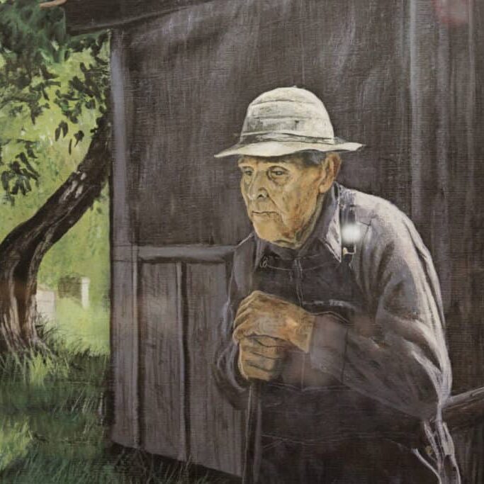 Painting of Uncle Lem in front of cabin